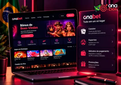 Interface da Onabet em laptop com resumo das principais funções da plataforma.