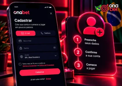 Cadastro da Onabet no celular com marcador simples de três passos.
